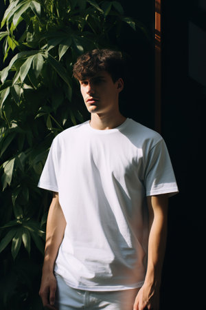young man in white t-shirt standing on the street and looking awayの素材