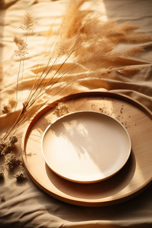 Wooden plates and dry flowers on bed, closeup. Interior designの素材