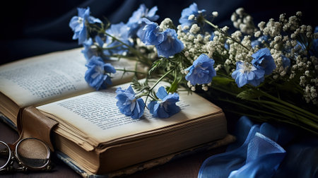 Bouquet of blue flowers and old book on a dark backgroundの素材