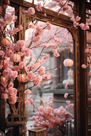 Beautiful pink cherry blossoms in a vase with lanternsの素材