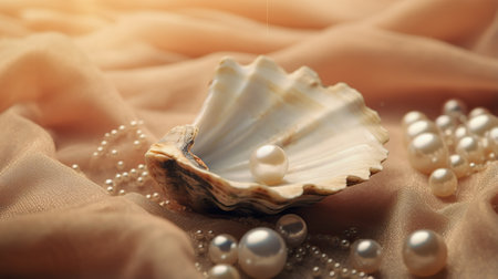 Beautiful pearl necklace and seashell on fabric background, closeupの素材