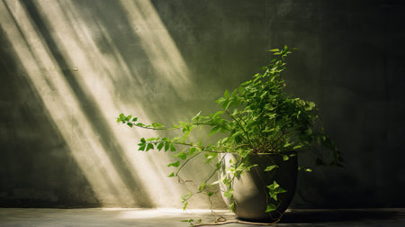 green plant in vase with rays of light on gray wall backgroundの素材