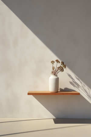 White vase with dried flowers on shelf against white wall with shadowの素材