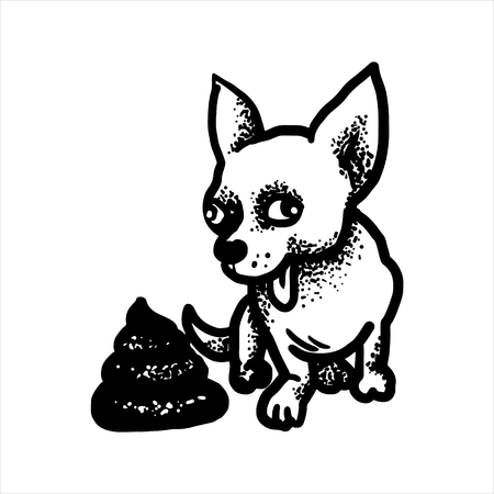 Etched vector illustration. Engraved sticker. Dark humor jokes. Contemporary street art work. Hand drawn sketch of a happy dog ââand a pile of faeces.のイラスト素材