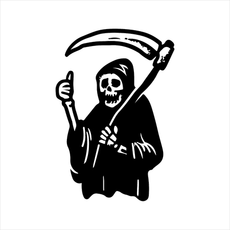Etched vector illustration. Engraved sticker. Dark humor jokes. Contemporary street art work. Hand drawn sketch of a ghost of death in a robe and with a scythe in his hands, showing the gesture "thumb up".のイラスト素材