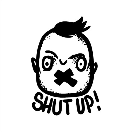 Etched vector illustration. Engraved sticker. Dark humor jokes. Contemporary street art work. Hand drawn sketch of a crazy man with a taped mouth and an inscription "shut up".のイラスト素材