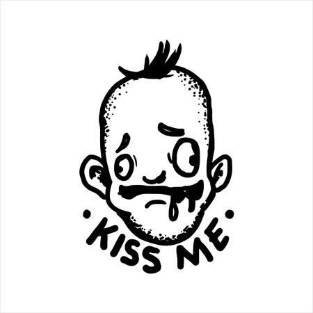 Etched vector illustration. Engraved sticker. Dark humor jokes. Contemporary street art work. Hand drawn sketch of a stupid man running out of slobber.のイラスト素材