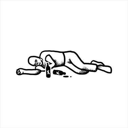 Etched vector illustration. Engraved sticker. Dark humor jokes. Contemporary street art work. Hand drawn sketch of a drunk man lying on the floor among bottles.のイラスト素材