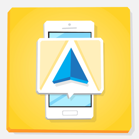 Smartphone 3d isometry flat design vector illustration. Window with drive navigation arrow icon on mobile phone screen. Concept of user geolocation app.のイラスト素材