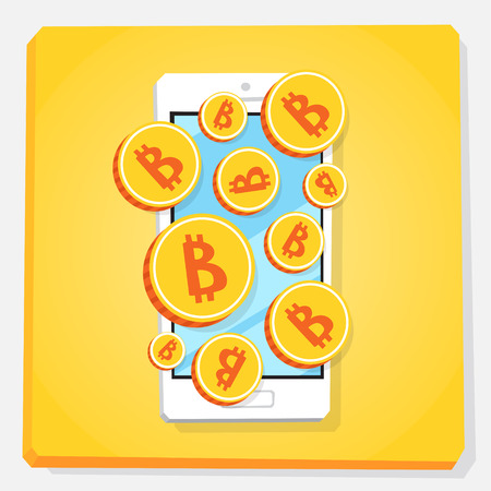 Smartphone 3d isometry flat design vector illustration. Blockchain industry. Virtual money. Bitcoins flying over mobile phone screen. Cryptocurrency gold coin. Concept of crypto wallet.のイラスト素材