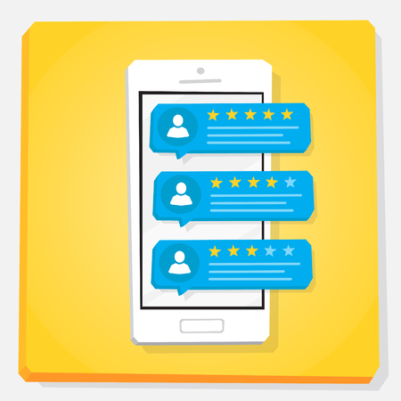 Smartphone 3d isometry flat design vector illustration. Speech bubbles with user testimonial on mobile phone screen. 5 star rating review with good and bad feedback or messages.のイラスト素材