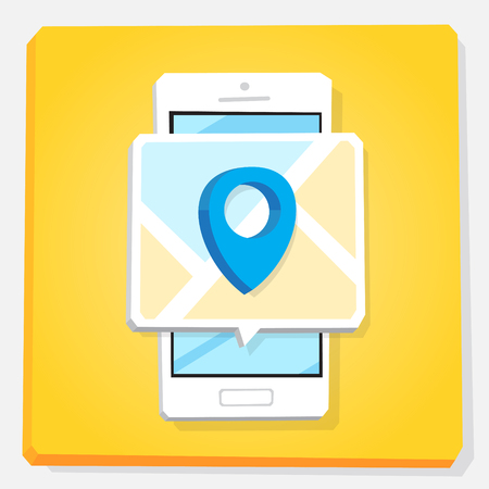 Smartphone 3d isometry flat design vector illustration. Window with pin navigation arrow icon on mobile phone screen. Concept of user geolocation app.のイラスト素材