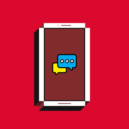 3d vector illustration of smartphone isometric flat design. Mobile phone screen with chat bubbles icon on red background. Concept of digital communication, messaging or customer support service.のイラスト素材