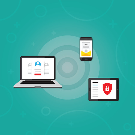 Vector illustration of laptop. Flat design. Notebook monitor screen with user login form, smartphone with open email letter in envelope, tablet with shield and lock. Personal customer account protect.のイラスト素材