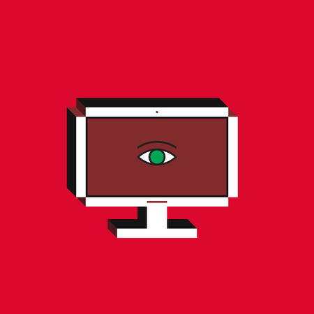3d vector illustration of computer. Isometric flat design. Desktop monitor with eye icon on red background. Concept of all the eye of the big brother, global digital surveillance, cyber security.のイラスト素材