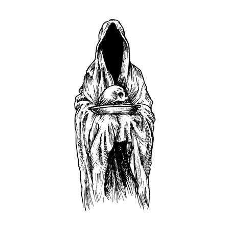 Black and white vintage etched art. Ink drawn ghotic plot of dethly hallows, halloween, nightmare or hell. Clipart for sticker, tattoo, print. Spooky ghost in mantle with hood holds skull on plate.のイラスト素材