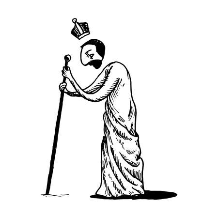 Black and white vintage etched art. Ink drawn ghotic clipart for sticker, tattoo, print. Tired traveler stopped on way and leaned on his cane. Sorrow monk in robe and crown searching meaning of life.のイラスト素材