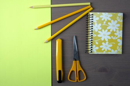 Desk with yellow stationery. Wooden desk tidy with all office objects. Stapler, agenda, compass, pencil, pen, rubber, all of the same color, a single yellow color.の写真素材