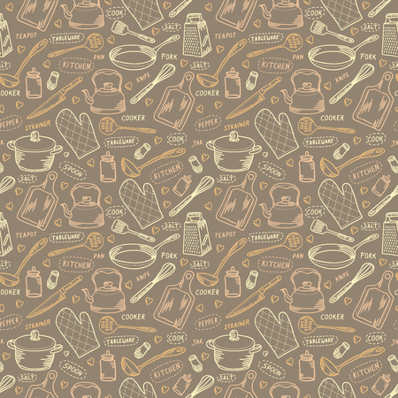 Kitchen sketch beige vector seamless patternのイラスト素材