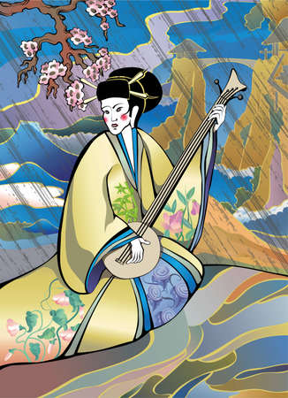 Japanese style musician in a traditional costume on a landcsape background  のイラスト素材