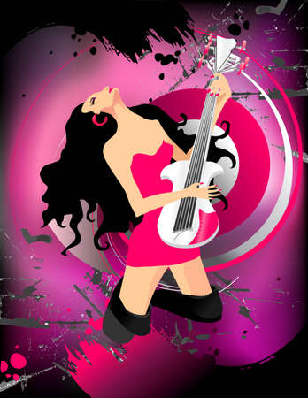 Vector girl playing guitar on abstract grunge backgroundのイラスト素材