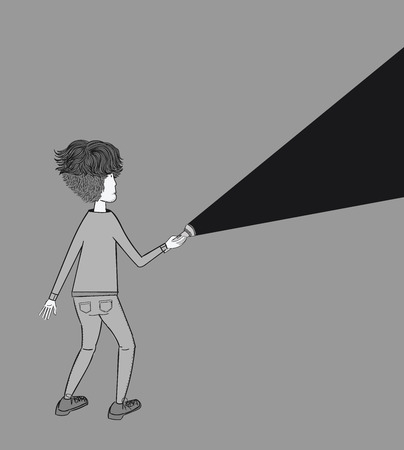 A young man holding a flashlight shines in the dark.Concept of searching, adventure, secrecy.のイラスト素材