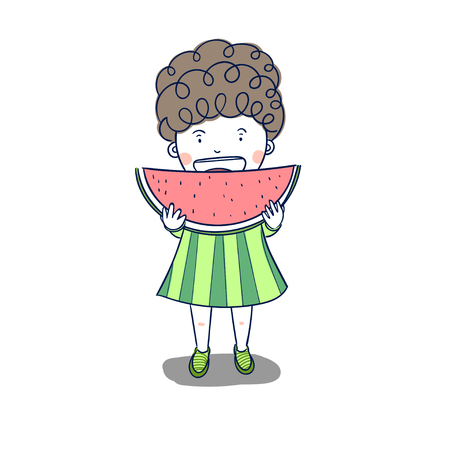 Cute child eating watermelon is delicious.Watermelon red, a favorite of children, men and women.Children's holiday vacation period.のイラスト素材