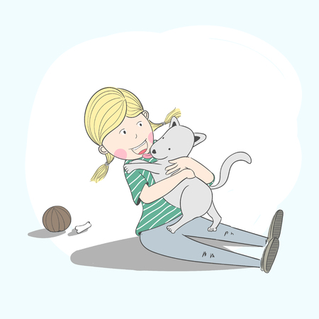 Cartoon illustration of girl hugging a dog because it is her best friend.のイラスト素材