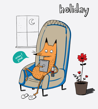 Fox is sitting on the couch and playing mobile in the middle is ready to drink soft drinks.Cartoon animals the cute monster vector character designのイラスト素材