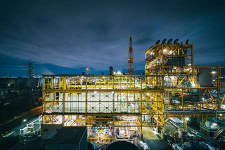Oil and gas refinery plant and petrochemical industry at night timeのeditorial素材