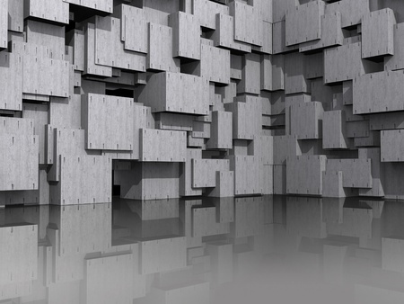 3D Modeled website background, with washed concrete cubic blocks reflected in shiny floor 
