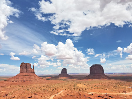 Monument Valley panorama from the Navajo Nation Tribal Park visitor center on the Arizona-Utah border, USAの写真素材