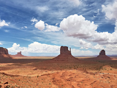 Monument Valley panorama from the Navajo Nation Tribal Park visitor center on the Arizona-Utah border, USAの写真素材