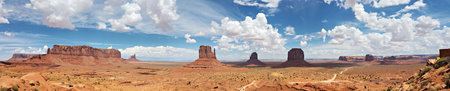 Monument Valley panorama from the Navajo Nation Tribal Park visitor center on the Arizona-Utah border, USAの写真素材