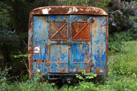 The old rusty bus in a woodの写真素材