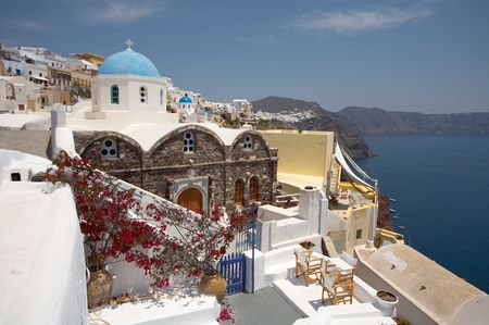 Christian temple city Fira island Santoriniの写真素材