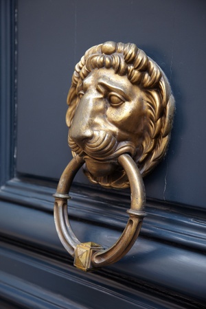 Door handle lion on blue door with a ring in the mouthの写真素材