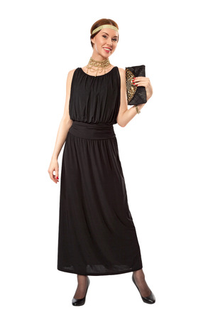 Girl in a black retro dress  isolated on white, 1930s Styleの写真素材