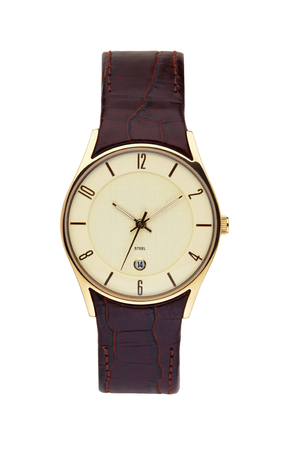 Gold wrist watch isolated on white background red leather braceletの写真素材