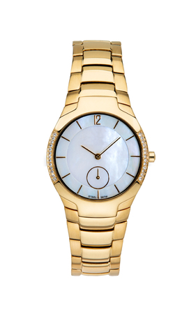 Gold wrist watch with diamonds isolated on white backgroundの写真素材