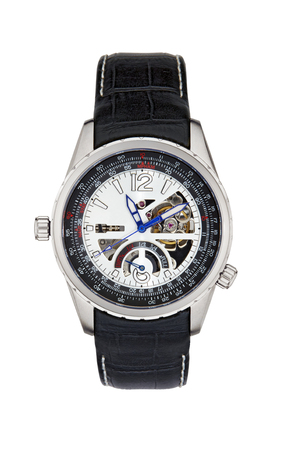 Silver wrist watch isolated white with clipping path Black Leather Braceletの写真素材
