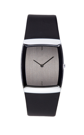 Silver wrist watch isolated square on white with clipping pathの写真素材