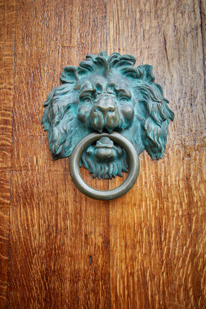 Door handle Lion with ring in mouth bronze with greensの写真素材