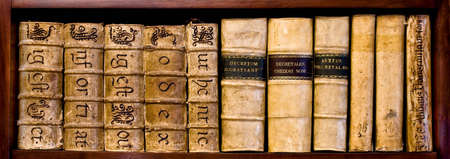 Ancient books (XVI and XVII century) on a wood shelfの写真素材