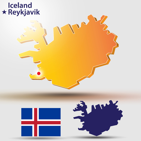 Map of Iceland. Vector silhouette of Iceland and flag. The country's capital - ReykjavÃ­k.のイラスト素材