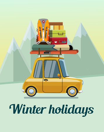 Winter holidays in the mountains.  The trip by car on winter vacation in the mountains. Flat style. Flat design.のイラスト素材
