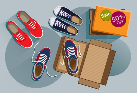Discount on sneakers for sale with top view. Fashionable sneakers red, black, blue colors. Flat style design vector illustration file.のイラスト素材