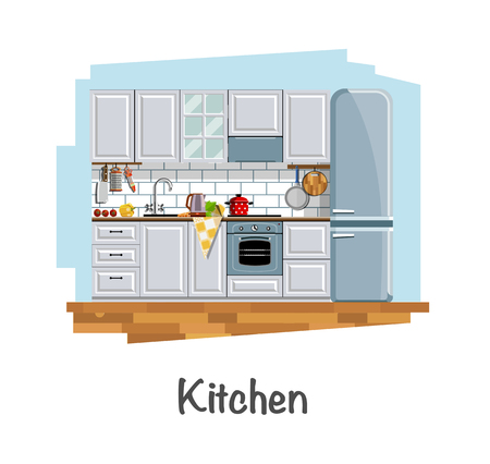 Kitchen. Kitchen interior. Cabinets, shelves, gas stove, cooker hood, refrigerator, oven, sink, electric kettle, frying pan, cutting board, cleaver, grater, cookware. Flat style. Flat design. Vector illustration Eps10 fileのイラスト素材