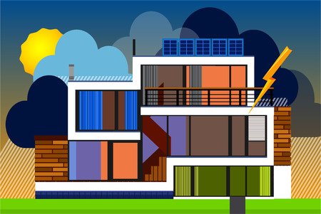 The building during a thunderstorm with the rain in a flat style. Vector illustration Eps10 fileのイラスト素材