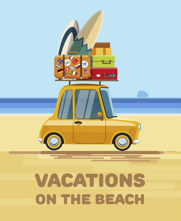Vacations on the beach. Relax on the beach. Vacations on the beach with the car. Relax on the beach of the sea. Flat style. Flat design. Vector illustration Eps10 fileのイラスト素材